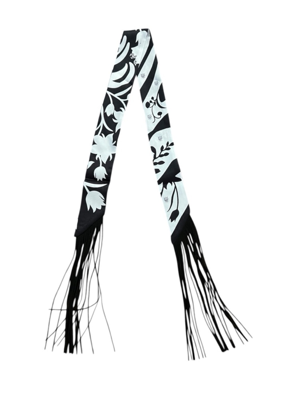 Hermes Black Multi Floral 🌹 Fringe Twilly Scarf New - Picture 2 of 4